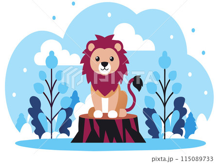 A lion is sitting on a log in a forest A lion is sitting on a log in a forest 115089733