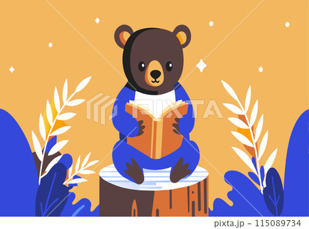 A bear is sitting on a log and reading a book 115089734