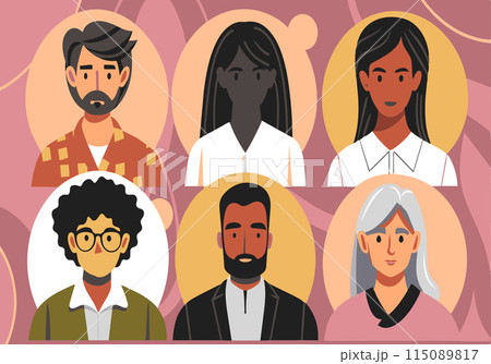 A group of people with different hair colors and facial features 115089817