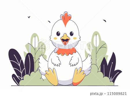 A cartoon chicken is sitting in a field of green grass A cartoon chicken is sitting in a field of green grass 115089821