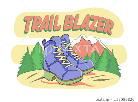 A pair of blue hiking boots with a yellow shoelace A pair of blue hiking boots with a yellow shoelace 115089826