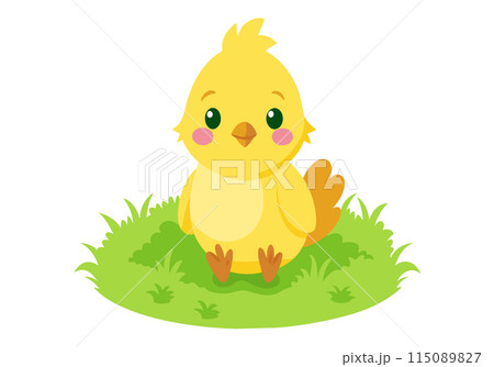 A cartoon chicken is sitting on a green field 115089827