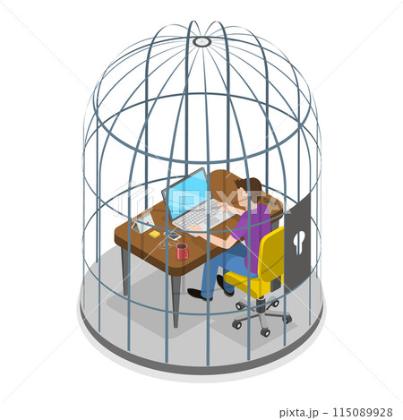 3D Isometric Flat Illustration of Man and Woman In Birdcage, Frustration, Overworking and Business Problem. Item 2 3D Isometric Flat Illustration of Man and Woman In Birdcage, Frustration, Overworking and Business Problem. Item 2 115089928