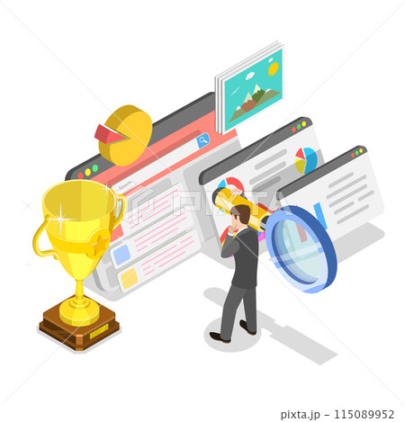 3D Isometric Flat Illustration of SEO Optimization, Web Analytics Social Media Marketing. Item 1 115089952