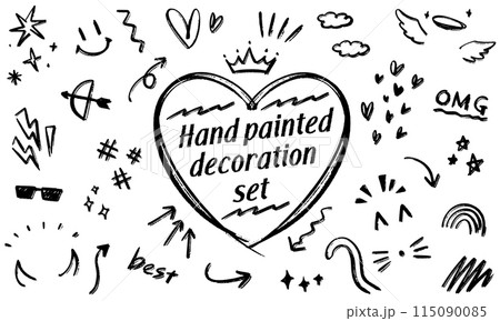 ポートレート向けいたずら書き風 ペン手書き デコレーションイラストセット ポートレート向けいたずら書き風 ペン手書き デコレーションイラストセット 115090085