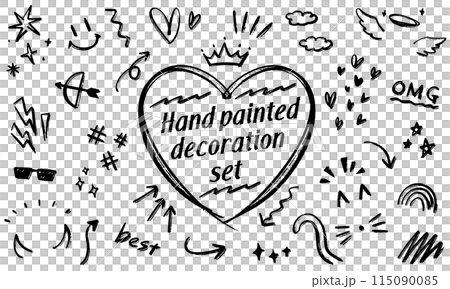 ポートレート向けいたずら書き風 ペン手書き デコレーションイラストセット ポートレート向けいたずら書き風 ペン手書き デコレーションイラストセット 115090085