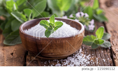 Stevia rebaudiana, sweet leaf sugar substitute isolated in wooden plate, generated AI 115090112