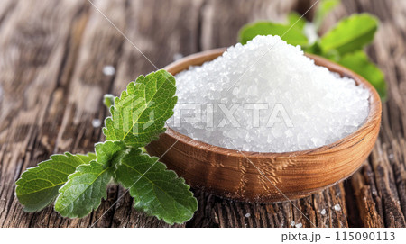 Stevia rebaudiana, sweet leaf sugar substitute isolated in wooden plate, generated AI 115090113