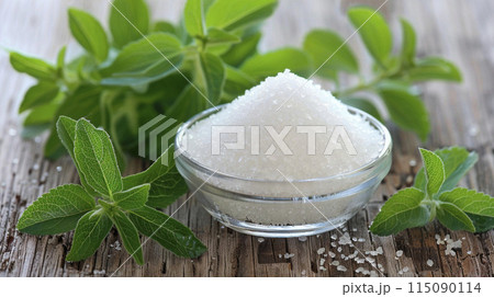 Stevia rebaudiana, sweet leaf sugar substitute isolated in wooden plate, generated AI 115090114