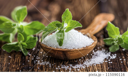 Stevia rebaudiana, sweet leaf sugar substitute isolated in wooden plate, generated AI 115090116