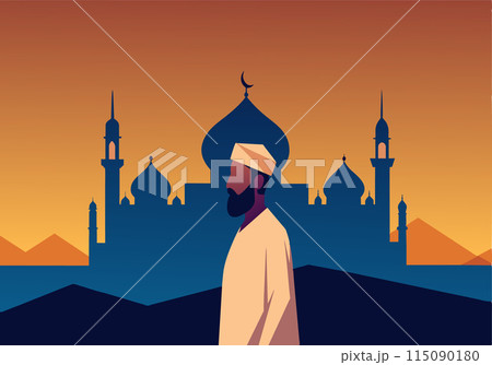 A man wearing a white robe walks in front of a large building with a blue sky in A man wearing a white robe walks in front of a large building with a blue sky in 115090180