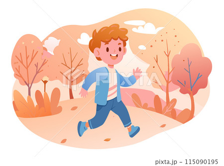 A boy is running in a park with trees in the background A boy is running in a park with trees in the background 115090195