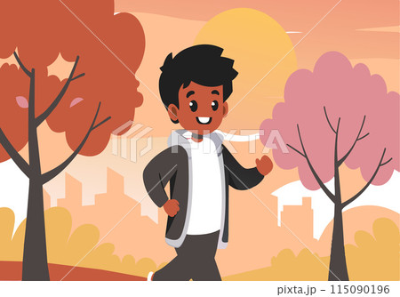 A young boy is running in a park with trees in the background A young boy is running in a park with trees in the background 115090196