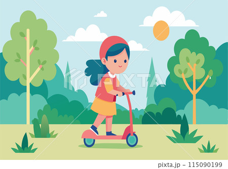 A girl is riding a scooter in a park 115090199