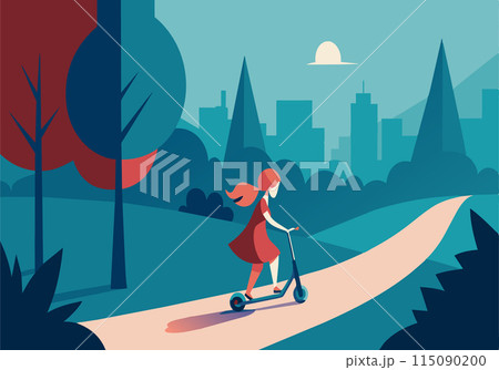 A girl riding a scooter in a park 115090200