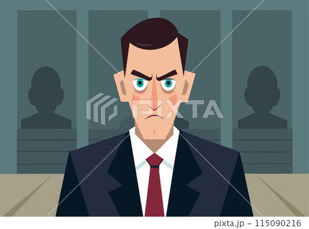 A cartoonish man with a blue tie and a blue suit is sitting in a courtroom 115090216