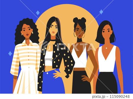 Four women are standing in a row, each wearing a different outfit Four women are standing in a row, each wearing a different outfit 115090248