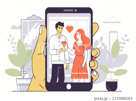 A man and woman are holding hands and looking at a phone screen A man and woman are holding hands and looking at a phone screen 115090263