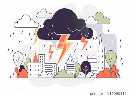 A cartoon drawing of a city with a storm cloud and lightning 115090313