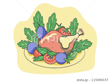 A plate of food with a chicken on it and a bunch of green leaves 115090337