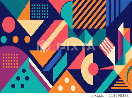 A colorful abstract painting with many shapes and patterns 115090388