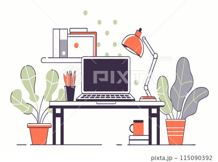 A desk with a laptop, a lamp, and a potted plant A desk with a laptop, a lamp, and a potted plant 115090392