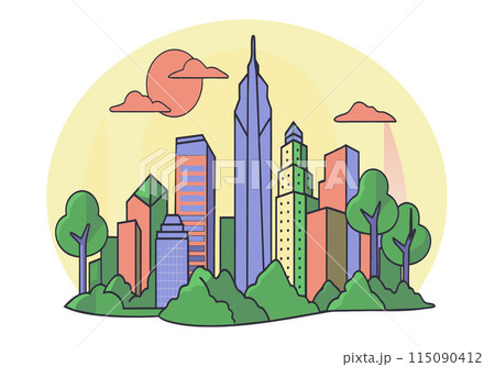 A cityscape with a large building in the middle and trees surrounding it 115090412