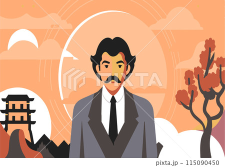 A man in a suit and tie stands in front of a tree and a building A man in a suit and tie stands in front of a tree and a building 115090450