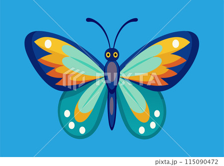 A colorful butterfly with black eyes sits on a blue background 115090472