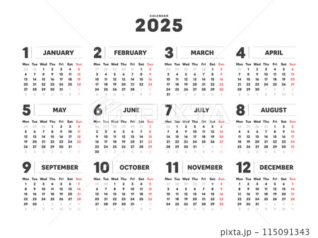 2025年のシンプルなデザインの年間カレンダー - 月曜始まり･12ヶ月･1年分の暦 - A判比率 115091343
