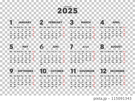 2025年のシンプルなデザインの年間カレンダー - 月曜始まり･12ヶ月･1年分の暦 - A判比率 115091343