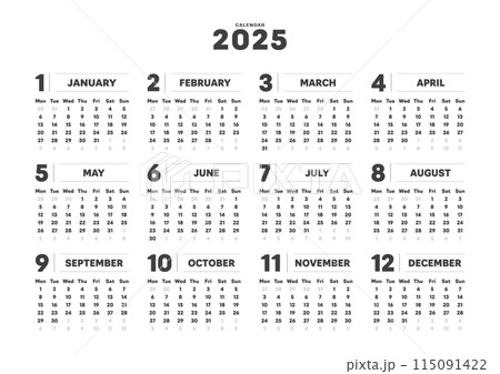 2025年のシンプルなデザインの年間カレンダー - 月曜始まり･12ヶ月･1年分の暦 - A判比率 115091422