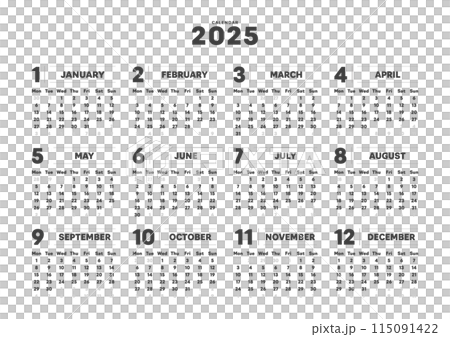 2025年のシンプルなデザインの年間カレンダー - 月曜始まり･12ヶ月･1年分の暦 - A判比率 115091422