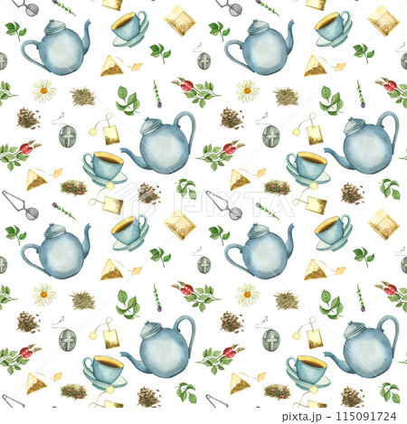 Watercolor pattern on a tea theme. Blue teapot, cup of tea, tea leaves, rose hips, tea bags, strainer, chamomile. Everything is hand painted with watercolors. For printing on packaging design Watercolor pattern on a tea theme. Blue teapot, cup of tea, tea leaves, rose hips, tea bags, strainer, chamomile. Everything is hand painted with watercolors. For printing on packaging design 115091724