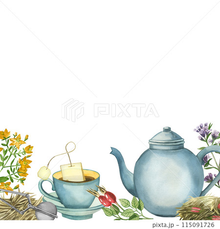 Watercolor illustration. Tea party, blue teapot, cup with tea bag, rosehip, strainer and meadow herbs. All objects are hand-painted with watercolors. For printing on tea packaging, design, textiles Watercolor illustration. Tea party, blue teapot, cup with tea bag, rosehip, strainer and meadow herbs. All objects are hand-painted with watercolors. For printing on tea packaging, design, textiles 115091726