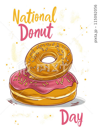 Vertical banner or poster for National Donut Day, illustration of two stylized donuts with sprinkles. Festive and hand-drawn feel, set against soft cream-colored background with subtle texture 115092056