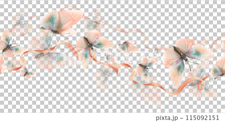 Writhing satin ribbons with flying butterflies in trendy pastel colors peach fuzz and turquoise in a vintage style. Hand drawn watercolor illustration. Seamless board pattern Writhing satin ribbons with flying butterflies in trendy pastel colors peach fuzz and turquoise in a vintage style. Hand drawn watercolor illustration. Seamless board pattern 115092151