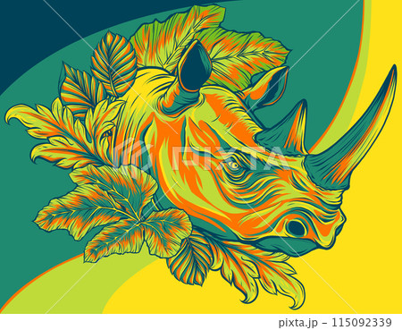 vector illustration of rhinoceros head with leaves 115092339