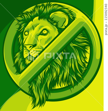 Stop lion. Prohibited wild animal. Emblem against predator. Stop lion. Prohibited wild animal. Emblem against predator. 115092340