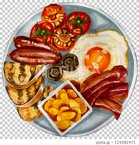 Watercolor elnglish breakfast on plate background. Fried eggs, bacon, toast with butter, tomato, mushrooms, beans in tomato sauce, grilled sausages and. Isolated illustration. Watercolor elnglish breakfast on plate background. Fried eggs, bacon, toast with butter, tomato, mushrooms, beans in tomato sauce, grilled sausages and. Isolated illustration. 115092471
