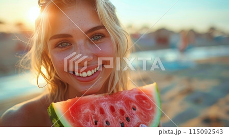 Woman Eating Slice of Watermelon on Beach 115092543