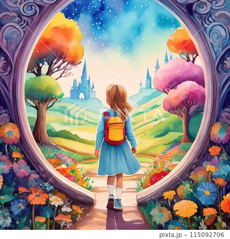 Little Girl With Backpack Looking Out Window. Generative AI 115092706