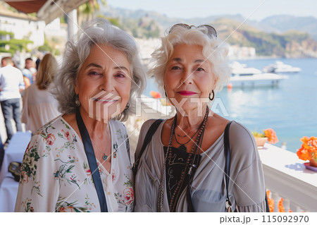 Senior two women relaxing by the sea on sunny day 115092970