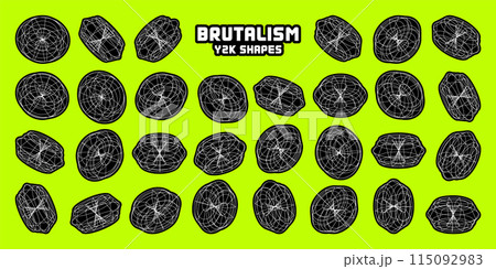 Wireframe lined shapes. Perspective mesh, 3d grid. Modern trendy low poly geometric elements. Retro futuristic design elements, y2k, vaporwave and synthwave style. Vector illustration 115092983