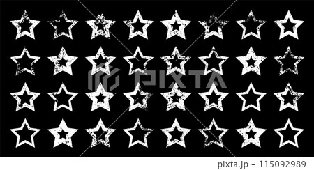 Vintage stars with cracks and stains. Old hand-drawn sign, white simple shape. Retro design element with distressed effect, grunge texture. Vector illustration 115092989