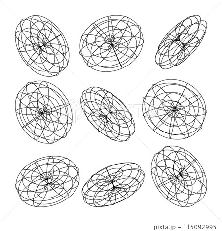 Wireframe lined shapes. Perspective mesh, 3d grid. Low poly geometric elements. Retro futuristic design elements, y2k, vaporwave and synthwave style. Vector illustration Wireframe lined shapes. Perspective mesh, 3d grid. Low poly geometric elements. Retro futuristic design elements, y2k, vaporwave and synthwave style. Vector illustration 115092995