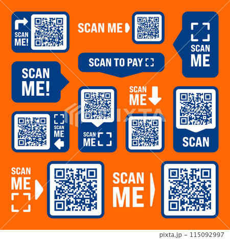 Scan me QR code sticker with text. Online payment. Special offer sale stickers, shopping discount label, promotional badge. Product serial number. Supermarket retail price tag. Vector illustration Scan me QR code sticker with text. Online payment. Special offer sale stickers, shopping discount label, promotional badge. Product serial number. Supermarket retail price tag. Vector illustration 115092997