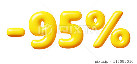 Balloon number minus ninety five percent sign for sale concept. 3d render illustration of yellow plastic glossy discount typography -95. Cartoon bubble element percentage off for special offer promo. Balloon number minus ninety five percent sign for sale concept. 3d render illustration of yellow plastic glossy discount typography -95. Cartoon bubble element percentage off for special offer promo. 115093016