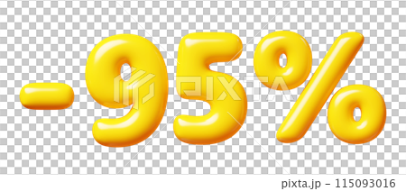 Balloon number minus ninety five percent sign for sale concept. 3d render illustration of yellow plastic glossy discount typography -95. Cartoon bubble element percentage off for special offer promo. Balloon number minus ninety five percent sign for sale concept. 3d render illustration of yellow plastic glossy discount typography -95. Cartoon bubble element percentage off for special offer promo. 115093016