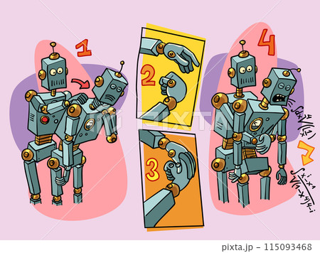 Heimlich maneuver, saving someone choking on food. Futuristic instructions for the future. Robots helping each other and repairing colleagues. The problem is in formulas and numbers. Heimlich maneuver, saving someone choking on food. Futuristic instructions for the future. Robots helping each other and repairing colleagues. The problem is in formulas and numbers. 115093468